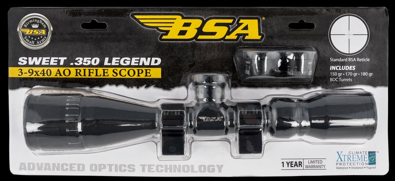 BSA Sweet 350 Legend 3-9x40 AO Rifle Scope 1in Tube 30/30 Reticle Weaver Rings