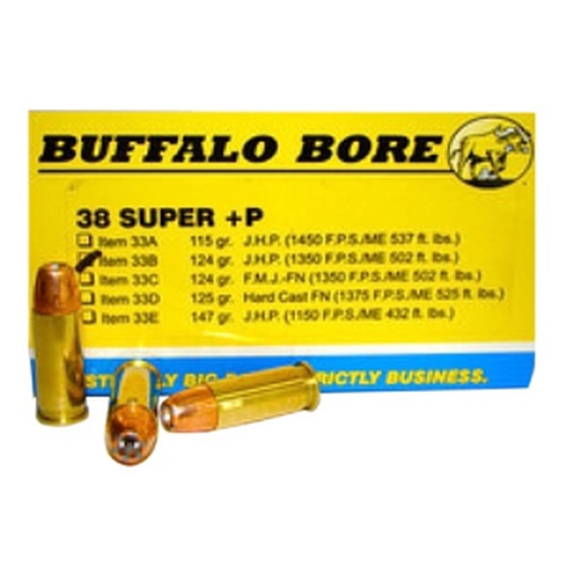 Buffalo Bore 33B/20 .38 Super +P 124 gr JHP Pistol Ammo (20 Rounds)