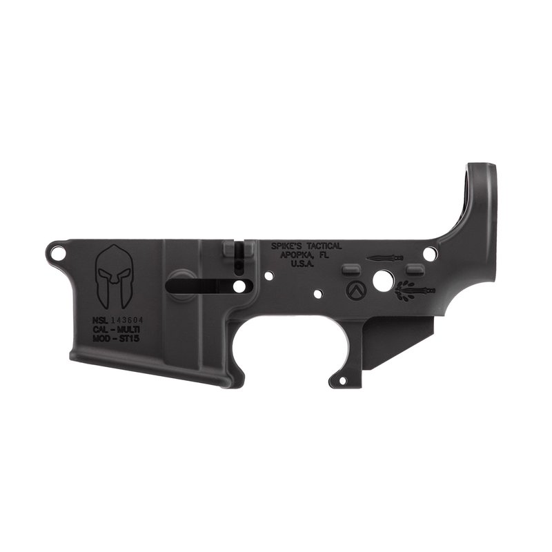 Spikes Tactical Multi-Caliber Spartan Logo Stripped Lower Receiver, Hardcoat Anodized Black - STL