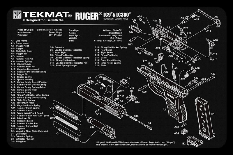 TekMat Ruger LC9 Cleaning Mat 11x17 Rubber Oil-Resistant Parts Diagram TEKR17RUGERLC9