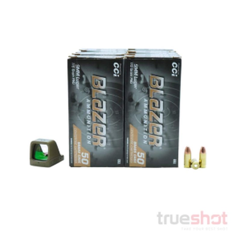 True Shot Ammo Tan Osight X Green Dot Pistol Bundle 9mm 115 Grain 500 Rounds