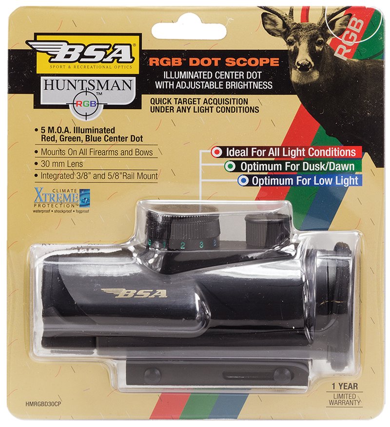 BSA Optics Huntsman 1x30mm Red/Green/Blue Dot Sight - HMRGBD30CP