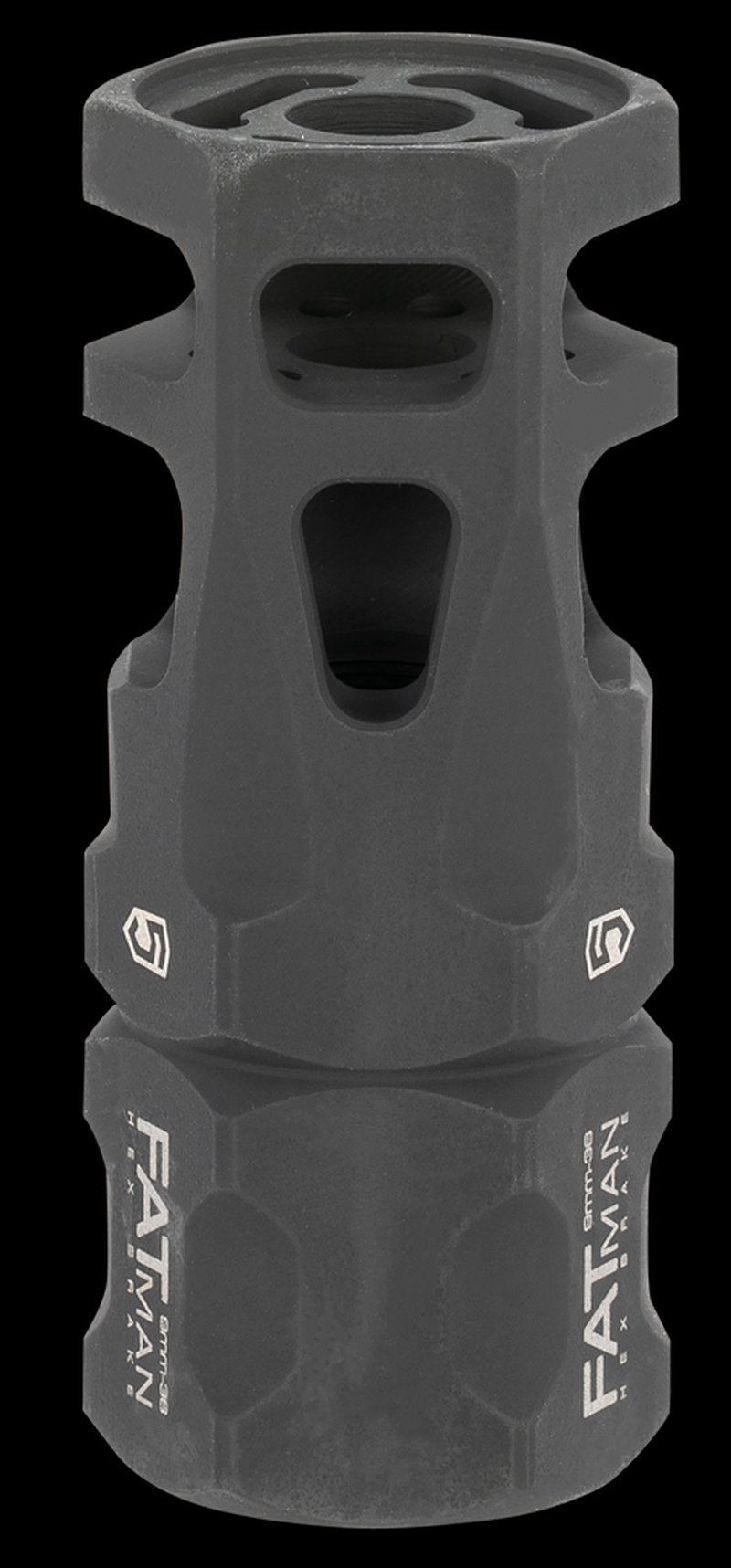 Phase 5 FATman Hex Muzzle Brake 1/2-36 TPI 3in Black Parkerized Steel
