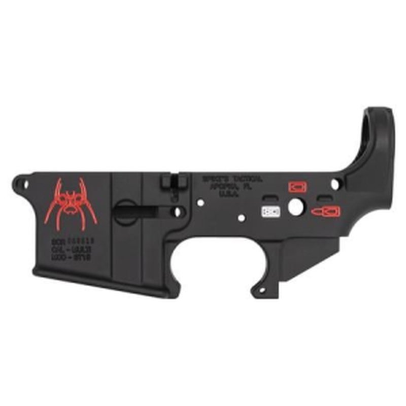 Spikes Tactical Spider Stripped AR Lower Receiver with Red Color Filling (Multi Cal)