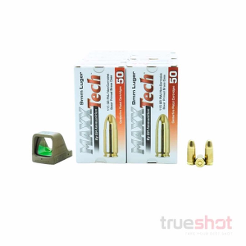 True Shot Ammo Tan Osight Green Dot Pistol Bundle 9mm 500 Rounds