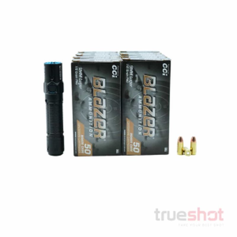 True Shot Ammo Bundle: Olight Warrior 3S High Beam Flashlight + 9mm Ammo