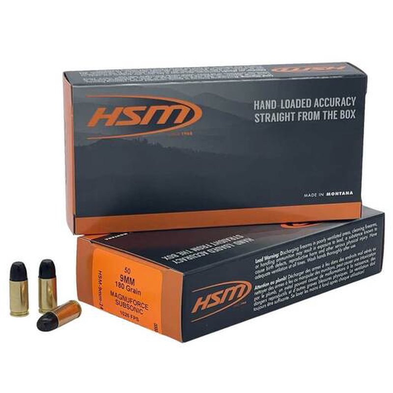 HSM Magnuforce Subsonic 9mm Luger 180gr FN Centerfire Ammo - 50 Rounds