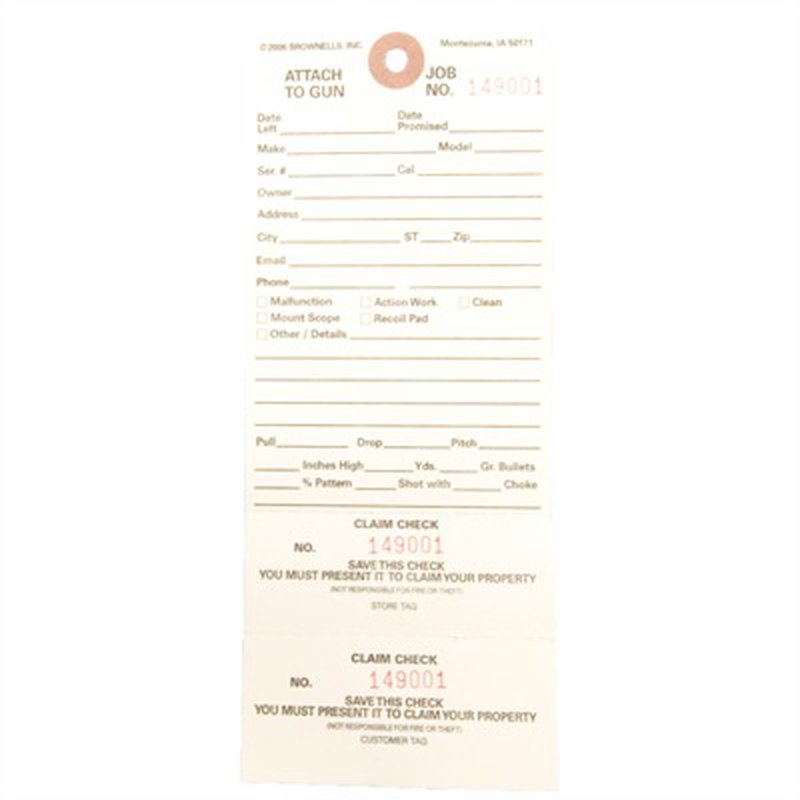Brownells Double Stub Claim Checks - Tear-Off Repair Check Stubs