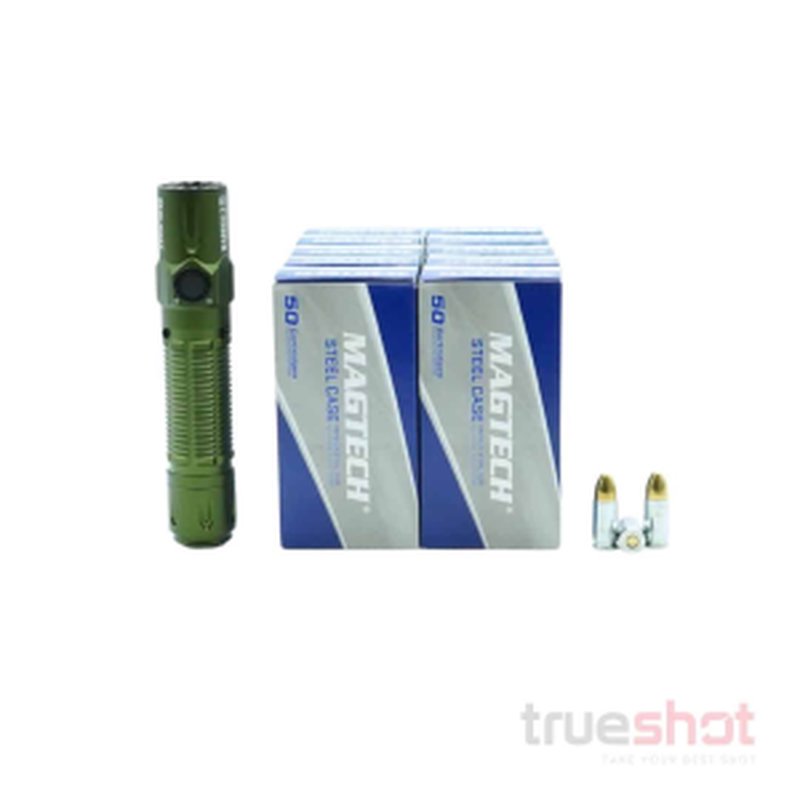 True Shot Ammo Bundle: OD Green Olight Warrior 3S High Beam Flashlight + 500 Rounds 9mm Ammo