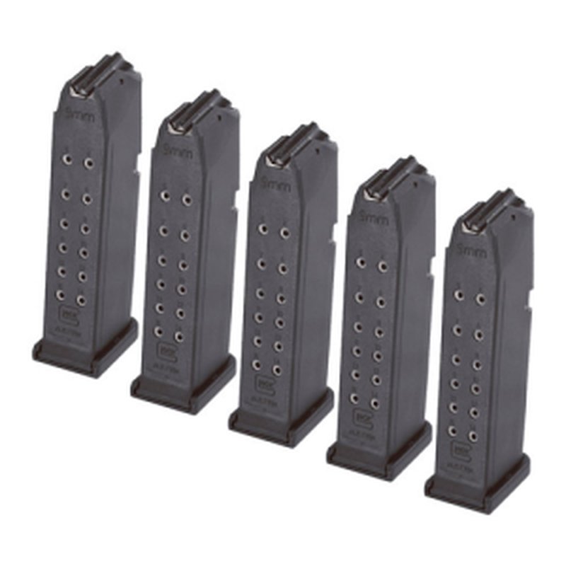 Glock G19 9mm 15-Round Magazine 5-Pack (Fits G26) — Black Polymer