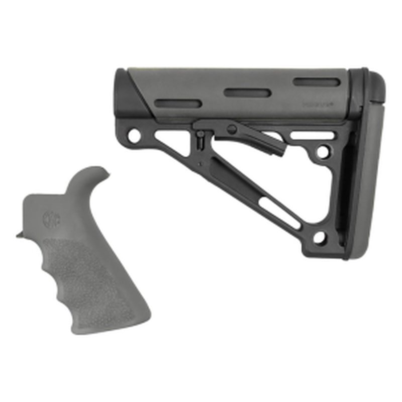 Hogue 15556 OverMolded Collapsible Buttstock Black Synthetic & Slate Gray OverMolded Rubber Stock Slate Gray Rubber Finger Grooved Grip for AR-15, M16 with Mil-Spec Buffer Tube (Tube Not Included)