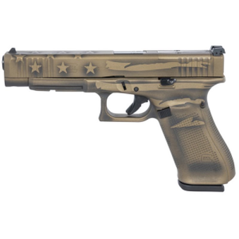 Glock G34 Gen 5 MOS 9mm 5.31in 17rd nDLC Cerakote Coyote Battle Worn Flag