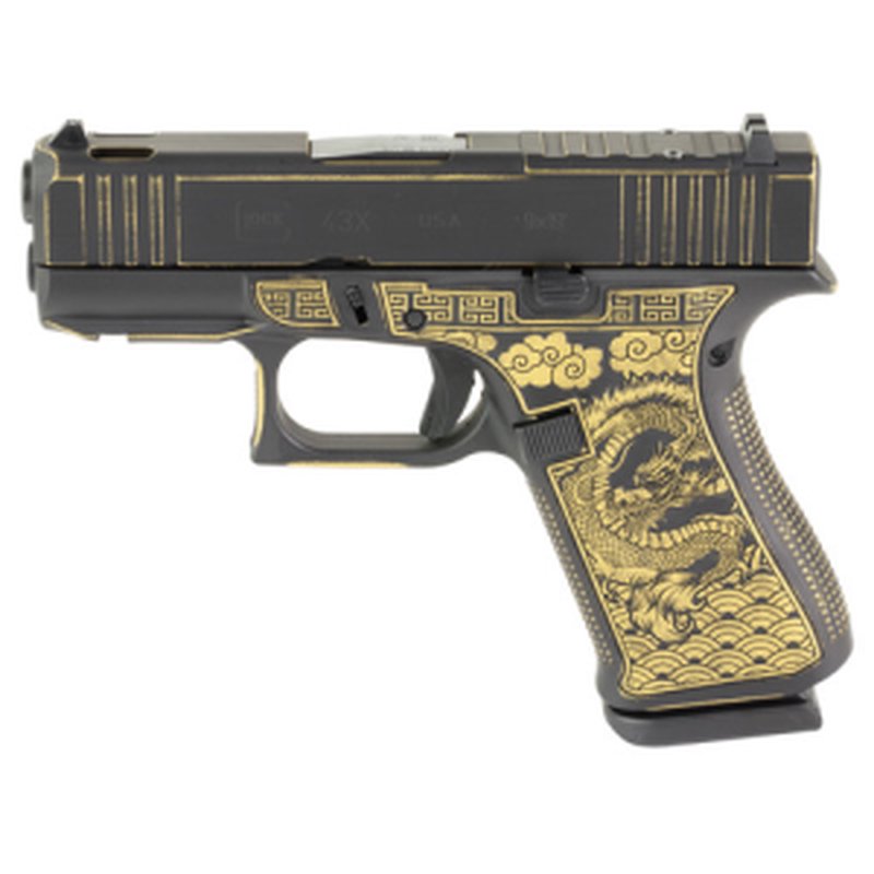 Glock G43X 9mm Pistol, 3.41 Inch Barrel, Black and Gold Dragon Cerakote